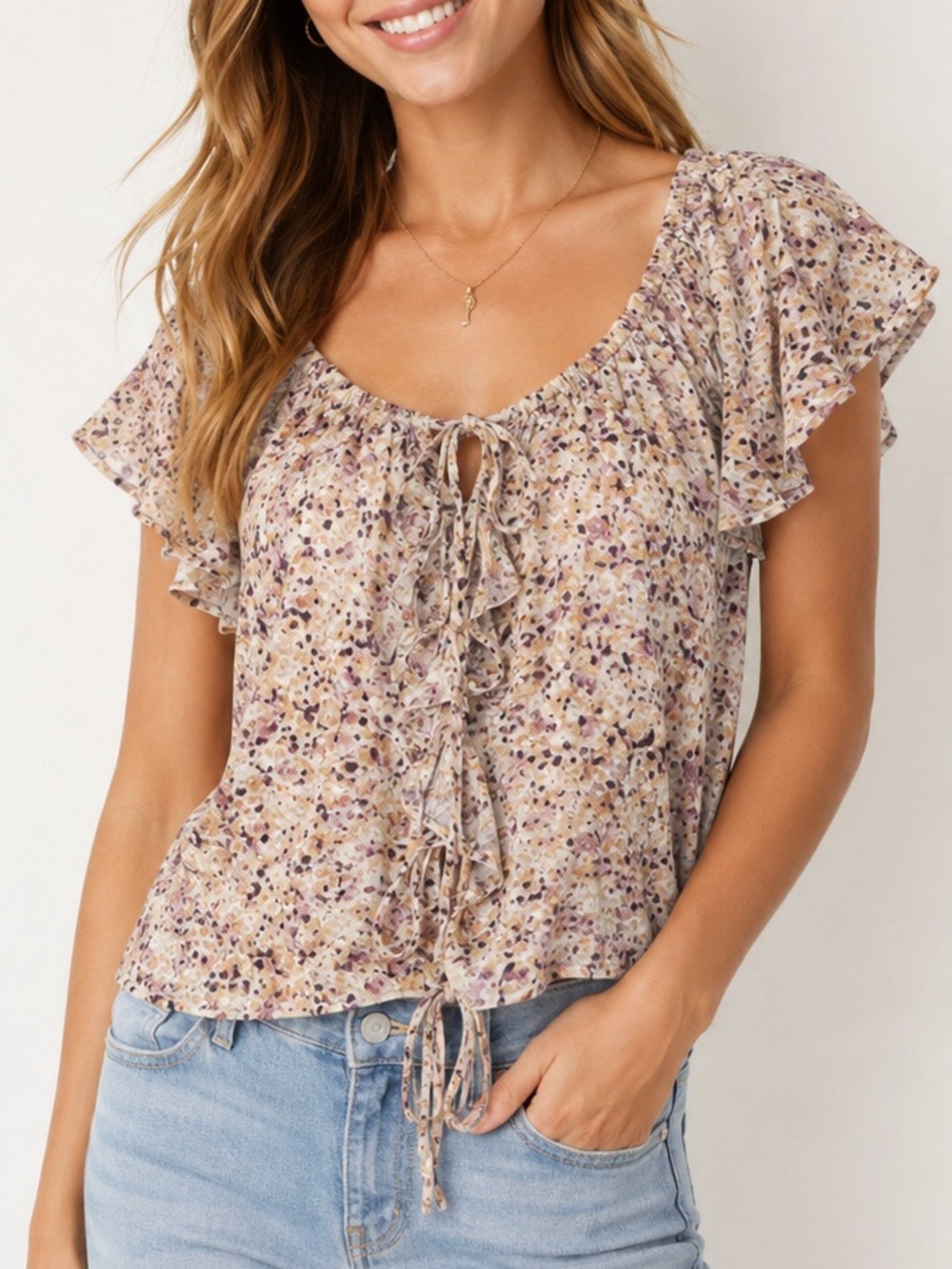 Arizona Jean Co XXL Floral Ruffle Tie Front Boho Peasant Blouse NWT